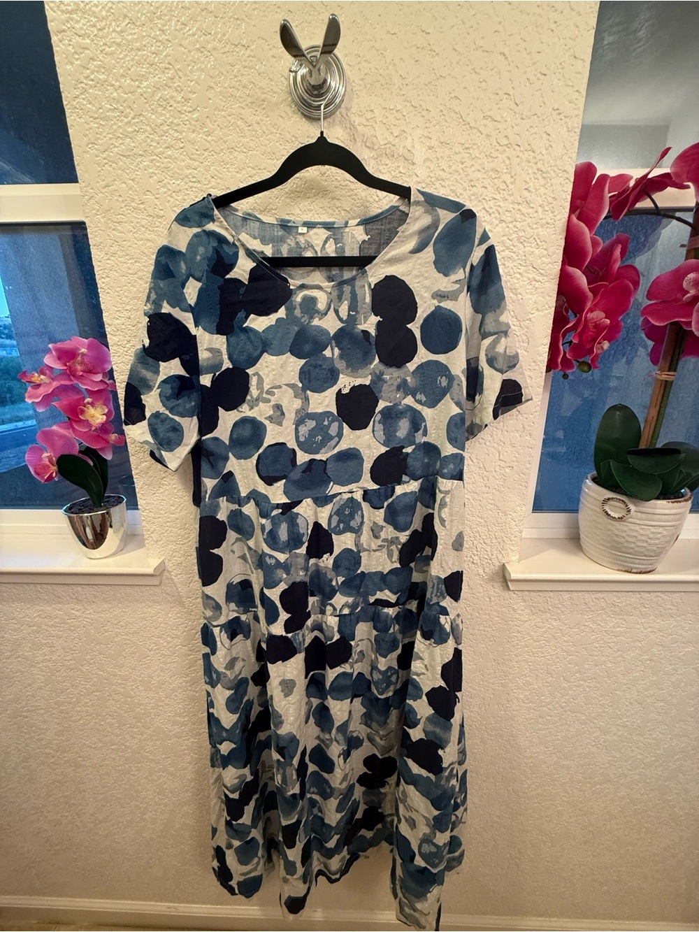 Lagenlook Inspired Blue Abstract Print Tiered Maxi Dress Cotton Blend S- Large - Picture 4 of 17